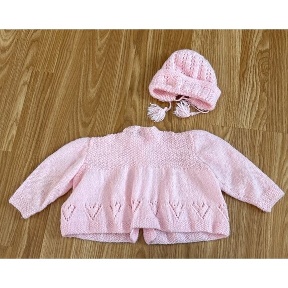 Handmade Knit Pink Baby Cardigan & Hat Set Heart Pattern Long Sleeves Buttons - Picture 4 of 5